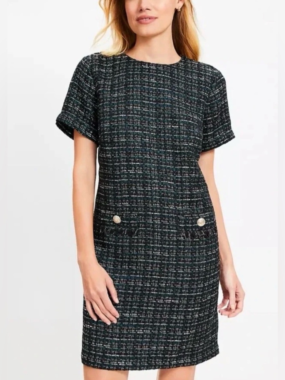 LOFT Tweed Shift Dress Size 8 Black Green Metallic Gold Short Sleeve Old Money